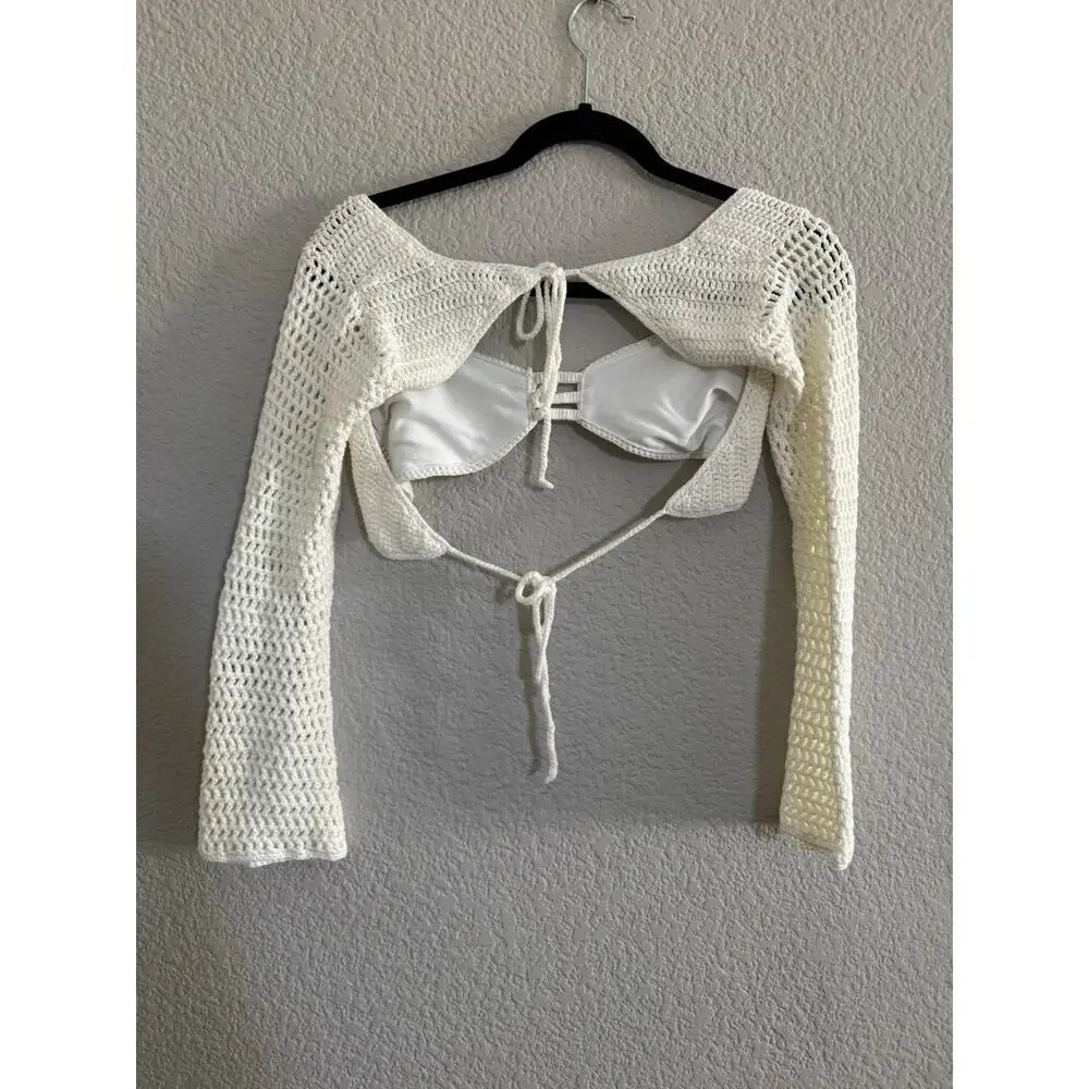 Tiger Mist XS Ivory Crochet Open Back Tie Long Sleeve Crop Top Festival #7407